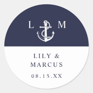 Sticker Rond Marine Bleu Monogramme Nautique Faveur de mariage