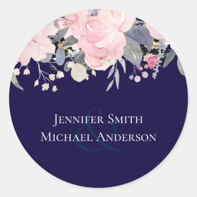 Sticker Rond Marine bleu rose Floral moderne Budget Mariage (Devant)