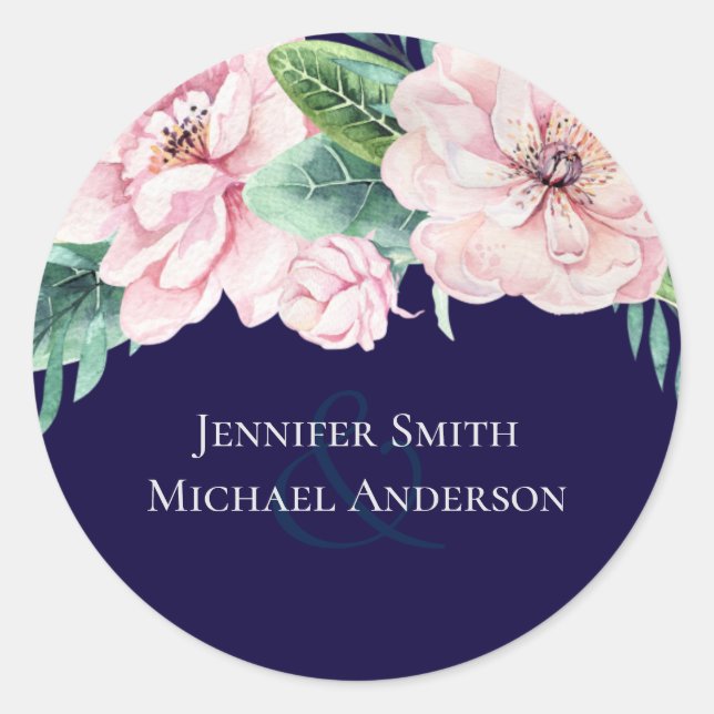 Sticker Rond Marine bleu rose Floral moderne Budget Mariage (Devant)