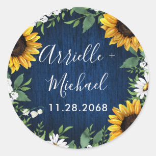 Sticker Rond Marine Bleu Tournesol Rustique Mariage Faveur