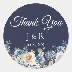 Sticker Rond Marine Blue Champagne Floral Faveur personnalisée