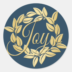 Sticker Rond Marine Blue et Gold Bay Leaf Joy Wreath
