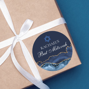 Sticker Rond Marine Blue Gold Agate Custom Bat mitzvah Party