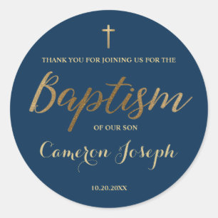 Sticker Rond Marine Blue Gold Cross Custom Baby boy Baptême