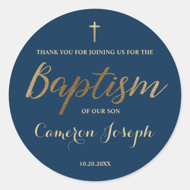 Sticker Rond Marine Blue Gold Cross Custom Baby boy Baptême (Devant)