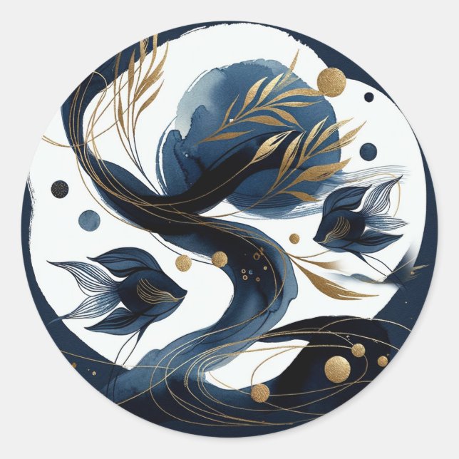 Sticker Rond Marine Blue & Gold Fish Beach Mariage (Devant)