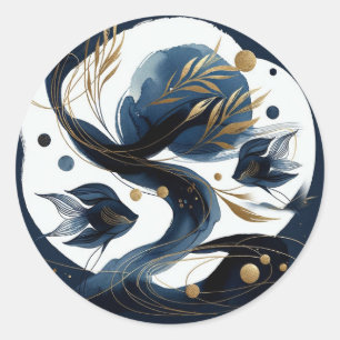 Sticker Rond Marine Blue & Gold Fish Beach Mariage