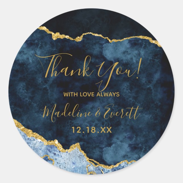 Sticker Rond Marine Blue Gold Foil Marbre Agate Mariage Merci (Devant)