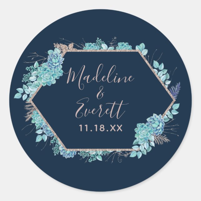 Sticker Rond Marine Blue Succulents & Rose Gold Monogram Mariag (Devant)