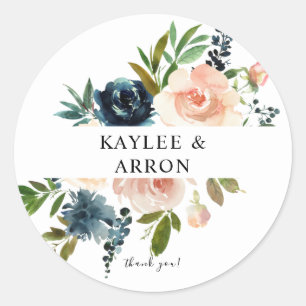 Sticker Rond Marine & Dusty Merci floral rose bleu 2