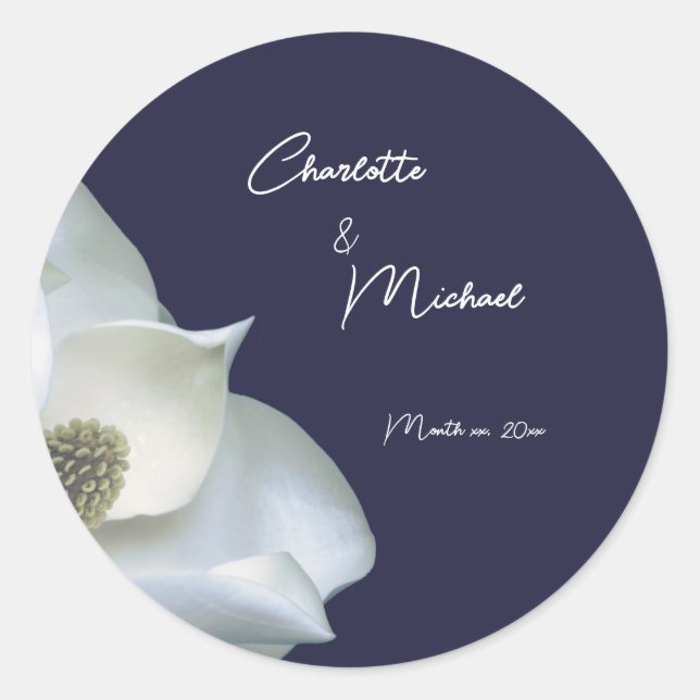 Sticker Rond Marine et Magnolia Blanche Mariage élégant (Devant)