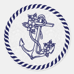 Sticker Rond Marine Flore bleu Ancre marine et couronne
