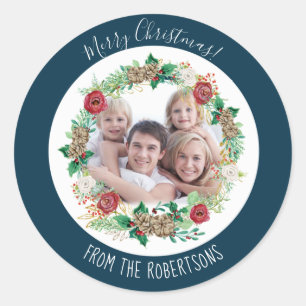 Sticker Rond Marine Joyeux Noël Floral Wreath Family Photo