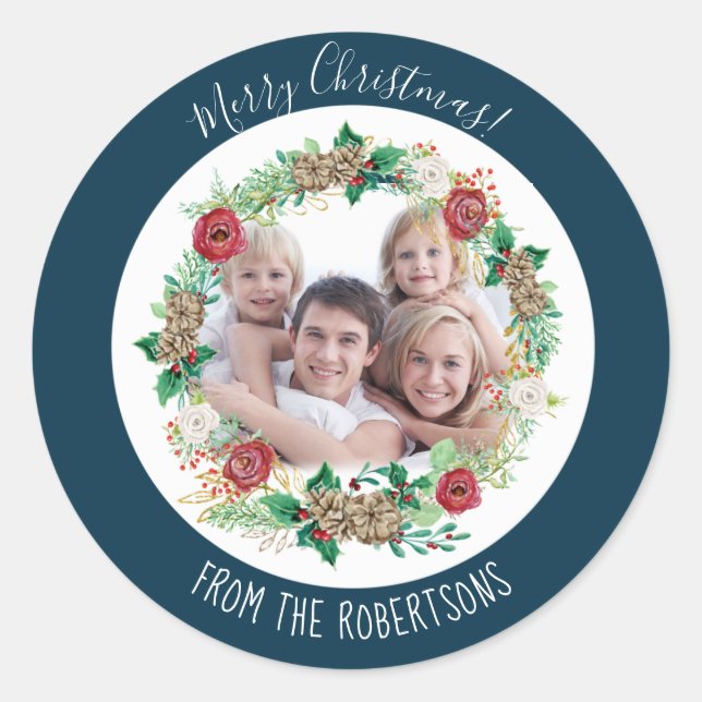 Sticker Rond Marine Joyeux Noël Floral Wreath Family Photo (Devant)