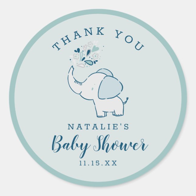 Sticker Rond Marine & Mint Cute Elephant Baby shower Merci (Devant)