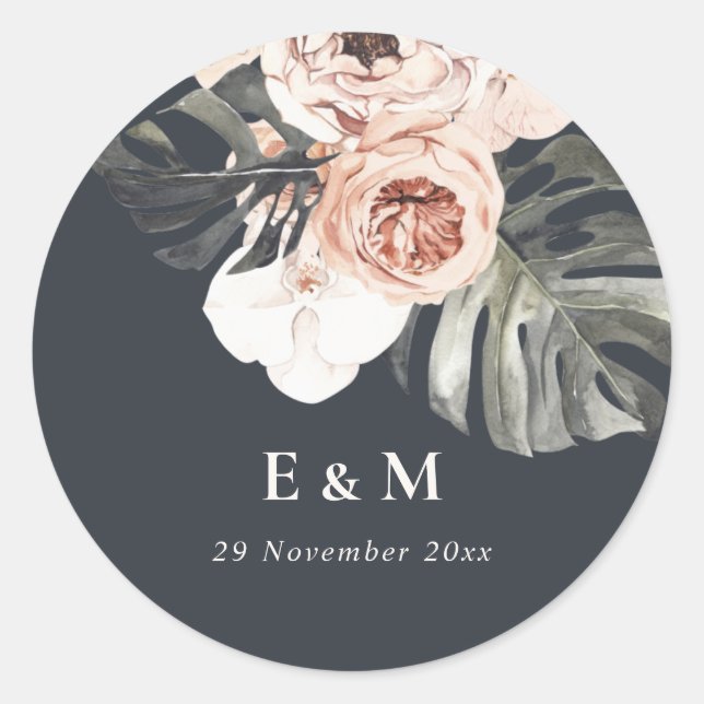 STICKER ROND MARINE RUST MONSTERA PEONY MARIAGE MONOGRAMME FLOR (Devant)