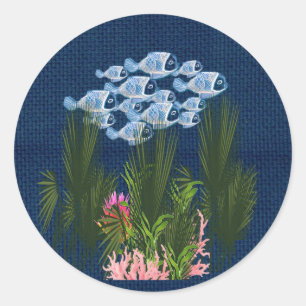 Sticker Rond Marine Texté, Poisson, Corail Rose