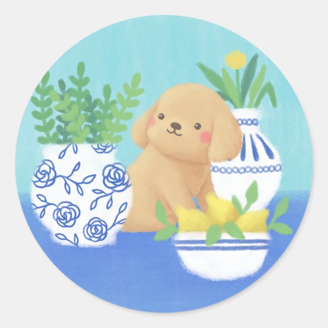 Sticker Rond Marionnette mignonne avec Plantes, citrons et fleu (Devant)