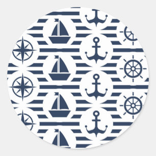 Sticker Rond Maritime En Motif Bleu