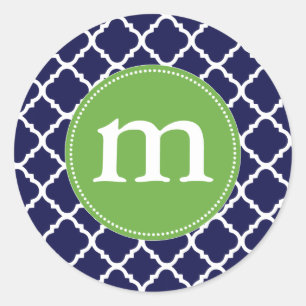 Sticker Rond Marocain bleu-foncé élégant Quatrefoil