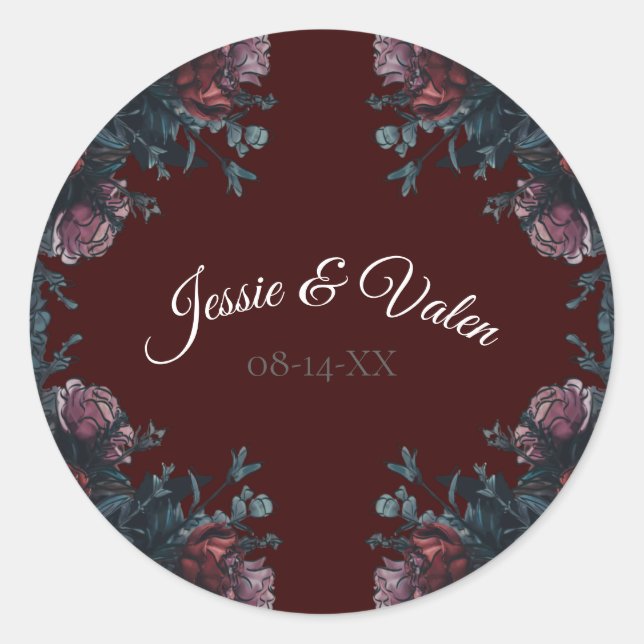 Sticker Rond Maroon foncé Mauve Gothique Mariage élégant (Devant)