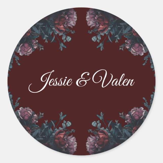 Sticker Rond Maroon foncé Mauve Gothique Mariage élégant (Devant)