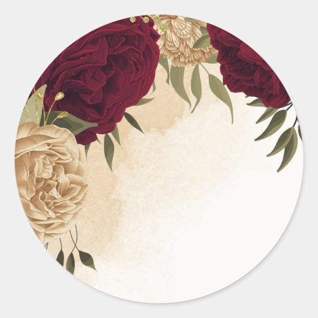 Sticker Rond Maroon vert beige or botanique mariage (Devant)