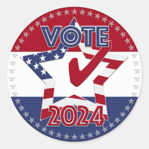 Sticker Rond Marque à cocher étoile 2024 Rouge et Bleu VOTE USA