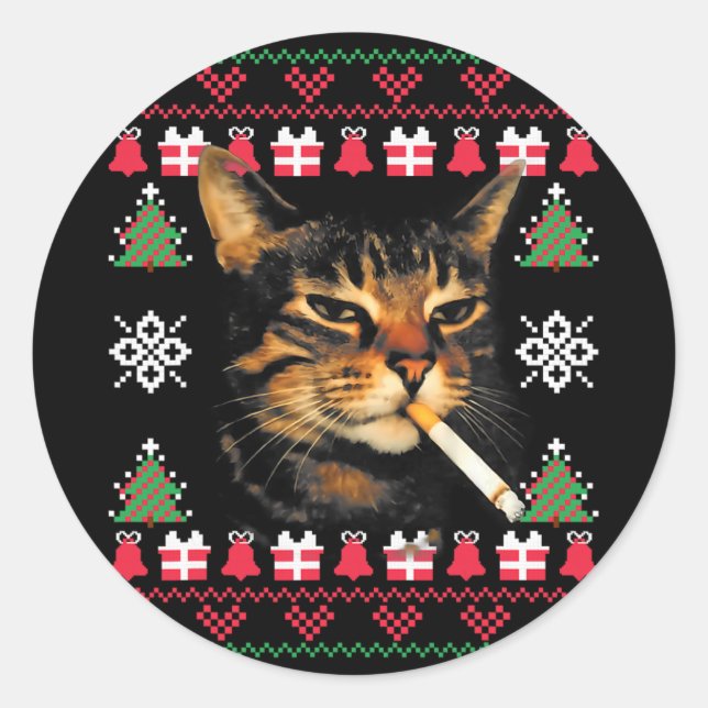 Sticker Rond Marrant Chat Fumeur Mème Sweat de Noël Moche Pour  (Devant)