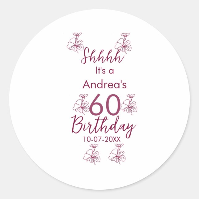 Sticker Rond Marron blanc mauve montre nom floral 60e anniversa (Devant)