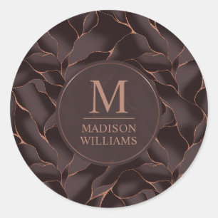 Sticker Rond Marron Chocolat & Or Rose Motif Vague Abstrait