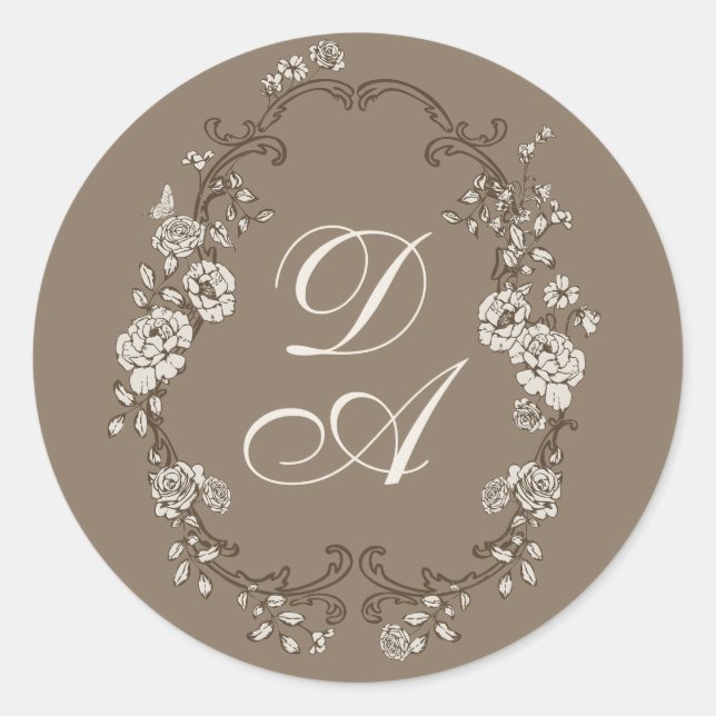 Sticker Rond Marron Floral Monogrammé (Devant)