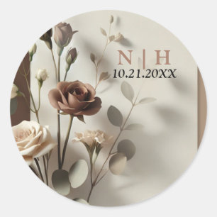 Sticker Rond Marron Neutre Floral Café Au Lait Mocha Mariage