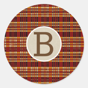 Sticker Rond Marron & Orange Carreaux Kraft Rustique Monogramme