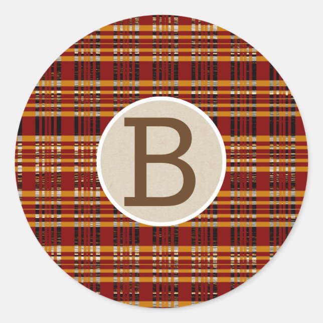Sticker Rond Marron & Orange Carreaux Kraft Rustique Monogramme (Devant)