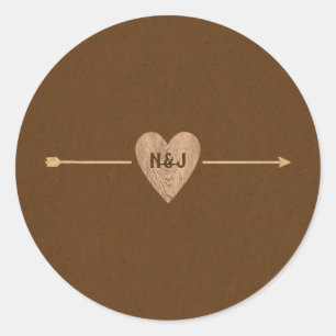 Sticker Rond Marron rustique Kraft Heart Arrow Woodsy