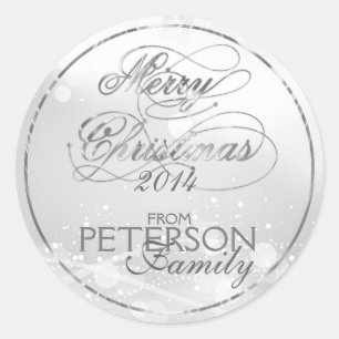 Sticker Rond Marry Christmas Silver Text & Bokeh Arrière - plan