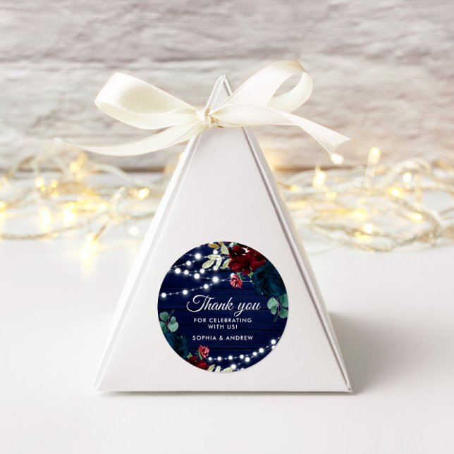 Sticker Rond Marsala en bois rustique & Fleurs bleues de marine (Créateur téléchargé)