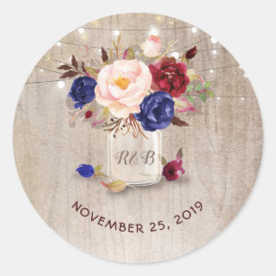 Sticker Rond Marsala et Fleurs Bleues Mason Jar Mariage rustiqu