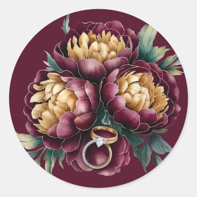 Sticker Rond Marsala Peony rouge et or avec anneaux Mariages (Devant)
