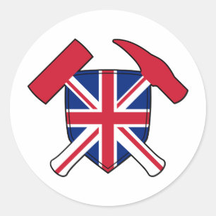 Sticker Rond Marteau de rock et logo Union Jack du géologue