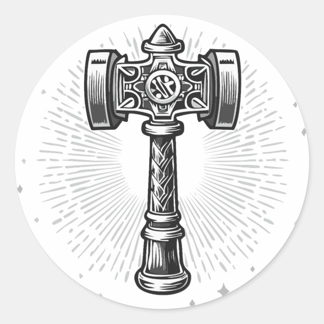 Sticker Rond Marteau de Thor Mjolnir noir et blanc (Devant)