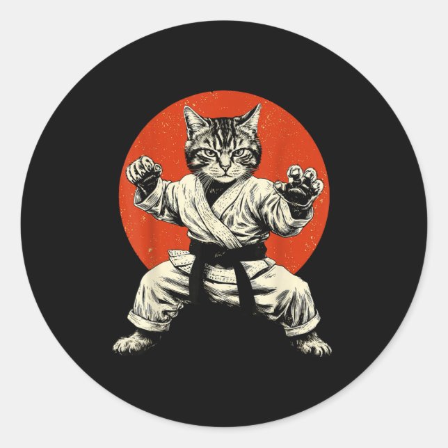 Sticker Rond Martial Arts Cat Karate Judo Japanese Flag Funny J (Devant)