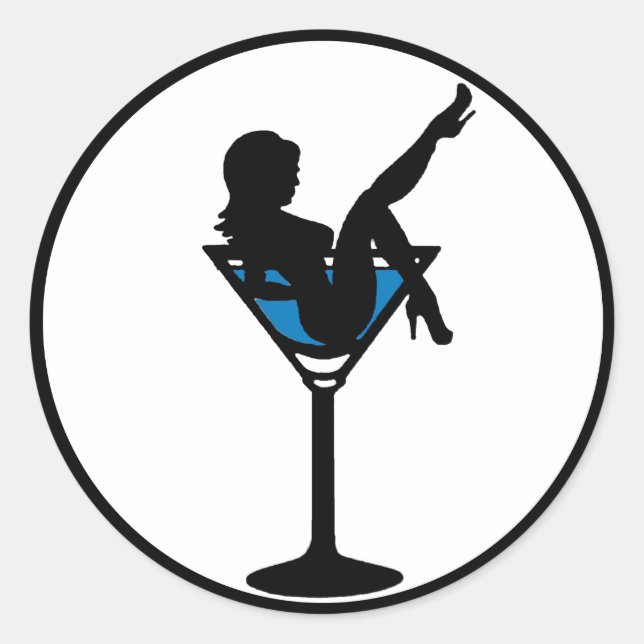 Sticker Rond Martini verre fille silhouette bleu boisson sticke (Devant)
