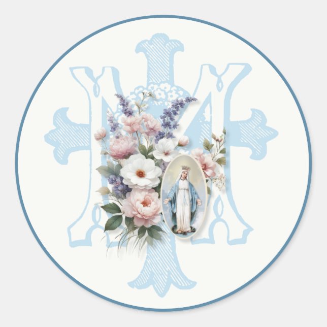 Sticker Rond Mary Floral Monogramme Marian Cross Religieux (Devant)