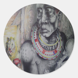 Sticker Rond Masai mère et enfant avec Lion Art Imprimer/Graphi