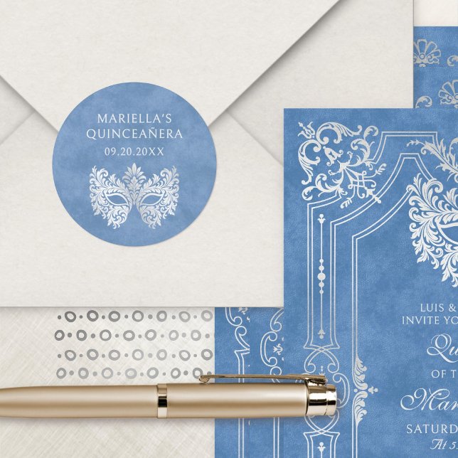 Sticker Rond Mascarade bleue Mascarade Masque élégant Quinceane (Créateur téléchargé)