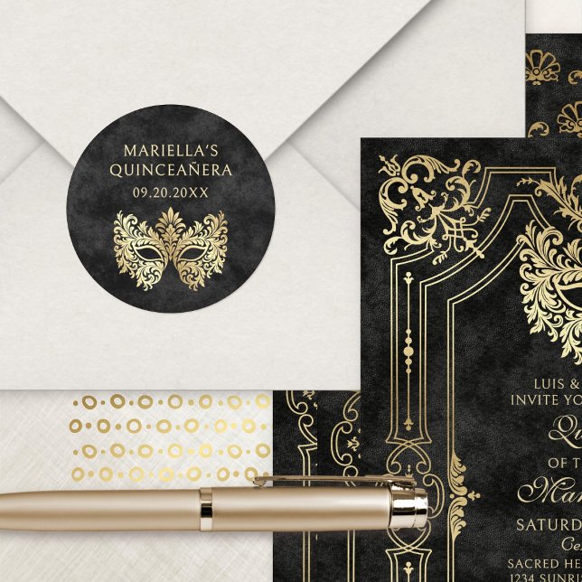 Sticker Rond Mascarade noire Mascarade Masque élégant Quinceane (Créateur téléchargé)