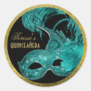 Sticker Rond Mascarade quinceañera anniversaire masque aqua
