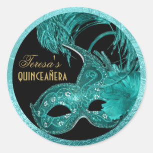 Sticker Rond Mascarade quinceañera anniversaire masque turquois